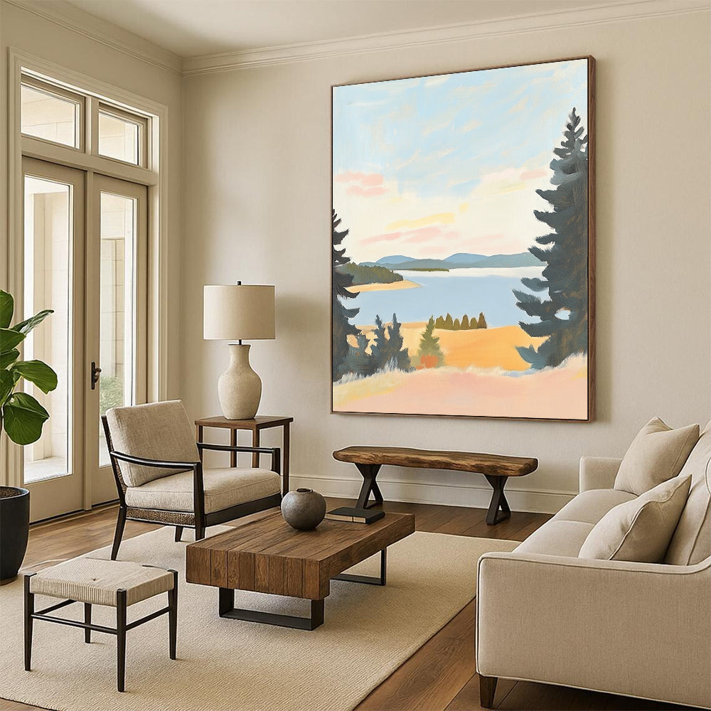 Contemporary minimalist landscape art featuring muted pastels of Lake St. Paul in Oregon on antique white paper, evoking serene beauty and tranquil views. DLZ1575