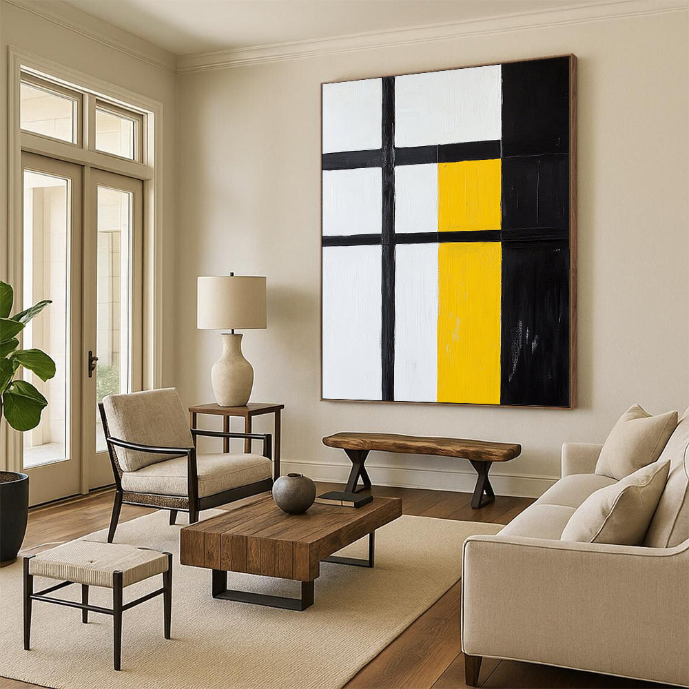 Black, White, Yellow, Geometric Squares "Primary Geometric Squares" Abstract Neo - Platicist Painting On Canvas HB159