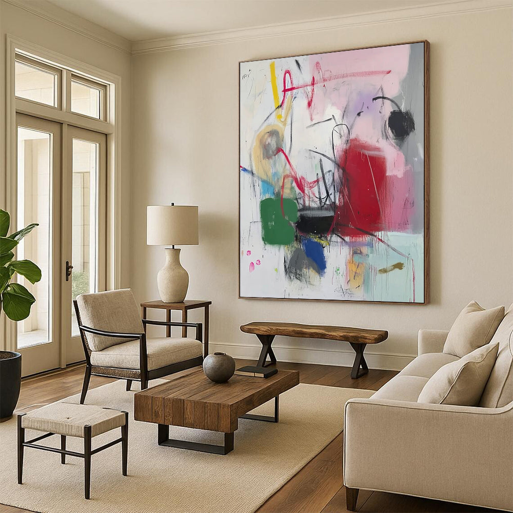 Bold contemporary abstract artwork featuring vibrant pink red green blue white black purple yellow orange hues with expressive scribbles and graffiti elements. DLZ1049