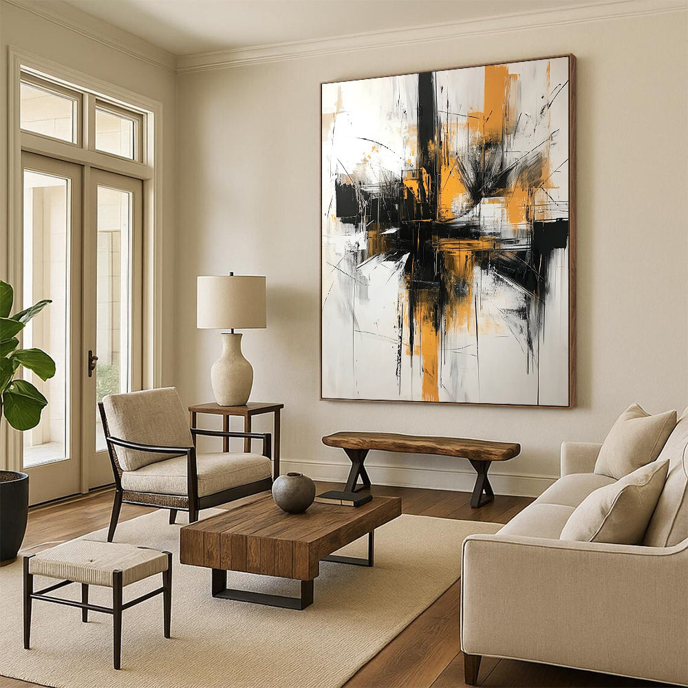 Contemporary hand-painted abstract artwork featuring black and white brushstrokes with yellow accents creating dynamic architectural shapes against an off-white background. DLZ1372