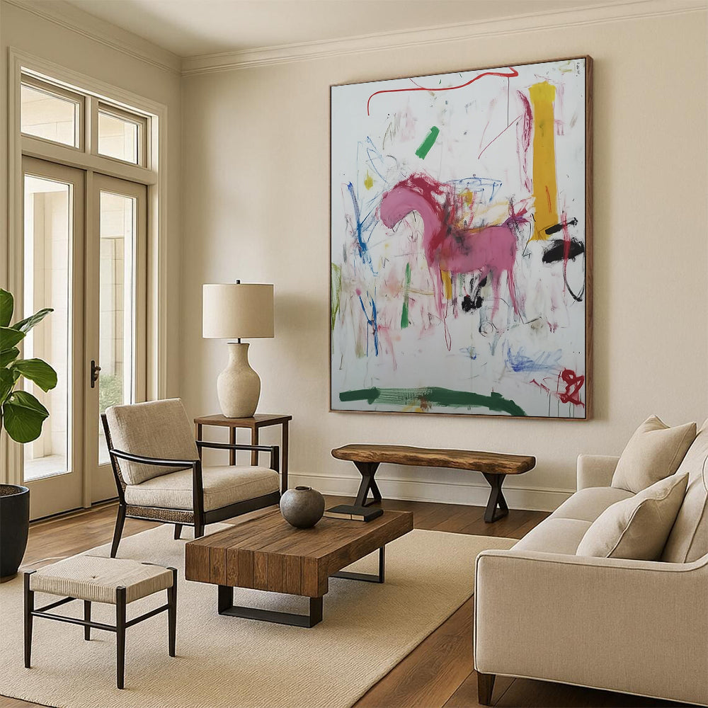 Contemporary abstract artwork featuring vibrant marker scribbles a pink horse a green river a yellow tower and a red arrow accentuating the composition. DLZ1011