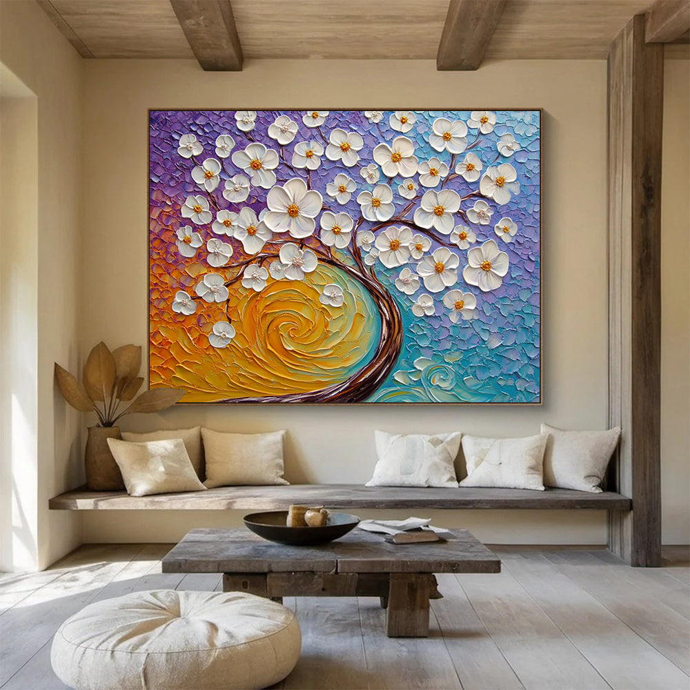 “3D White Flowers on Colorful Textured Background” - Purple, Blue, Orange, White 3D Flowers - Textured Acrylic Painting HB1636