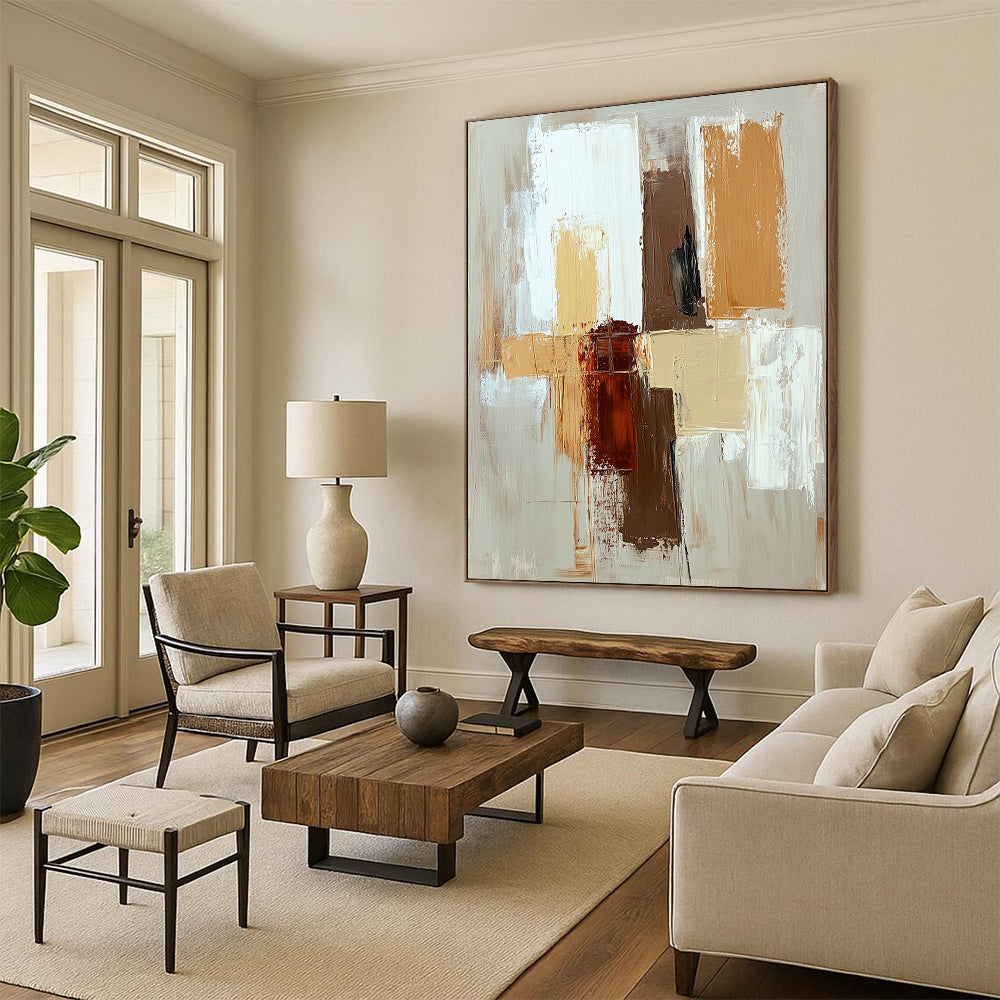 Contemporary hand-painted abstract artwork featuring a minimalistic design with beige brown and white brush strokes for a serene aesthetic. DLZ1020