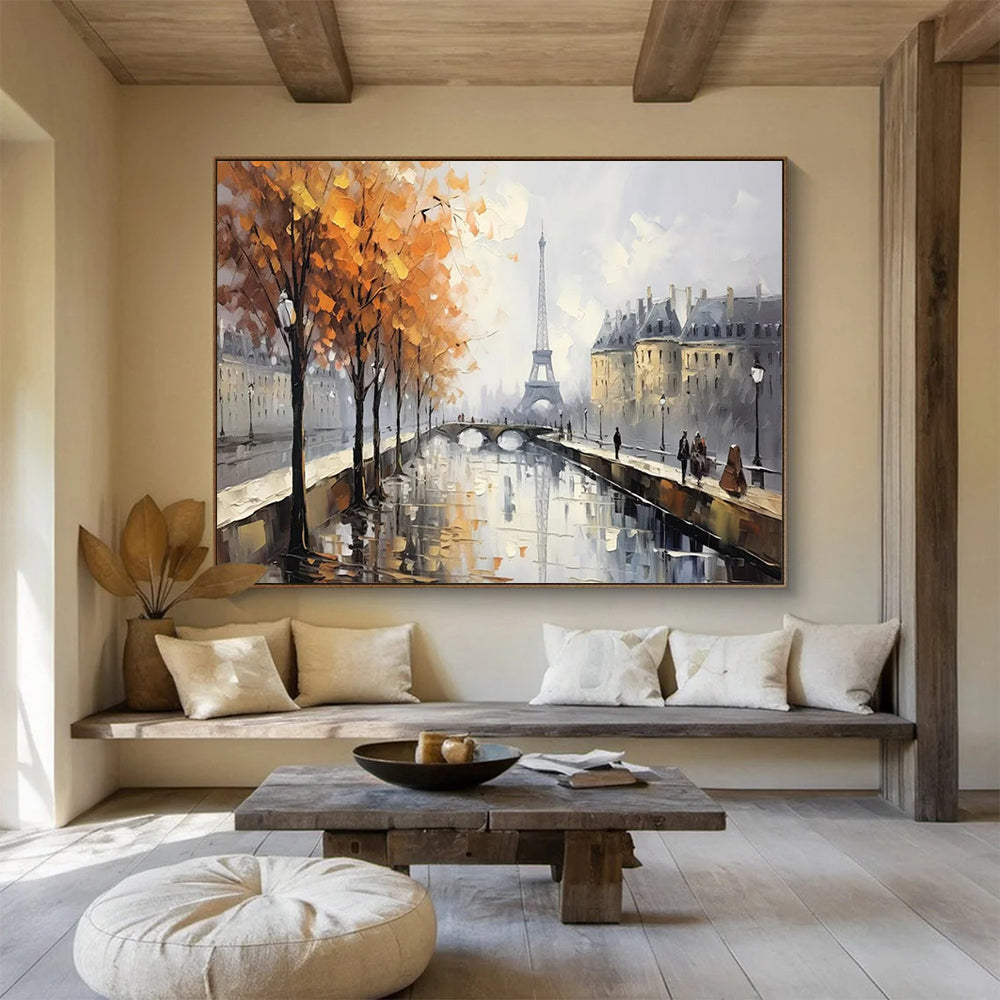 Paris Autumn Canal Oil Painting - Large Romantic Living Room Decor DLZ171