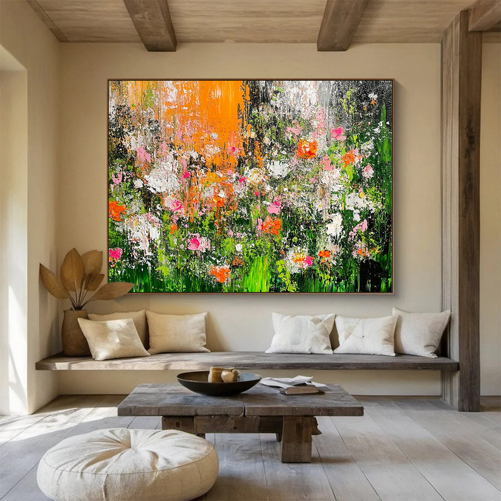 Impasto Flower Field in Orange and Pink – Textured Abstract Acrylic Floral Painting HB1472