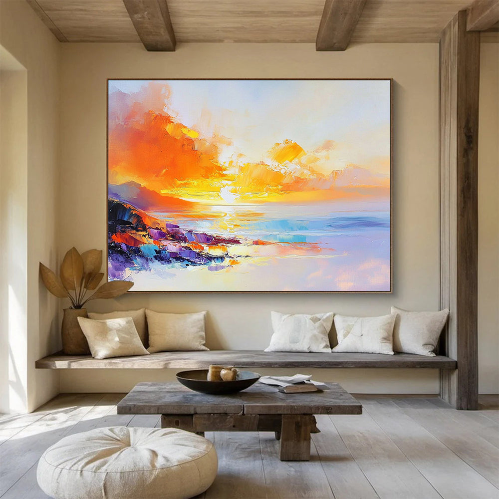 “Vibrant Sunset Coast” - Fiery Oranges, Yellows, Pinks, Colorful Coastal Cliffs - Impasto Oil Painting HB1738