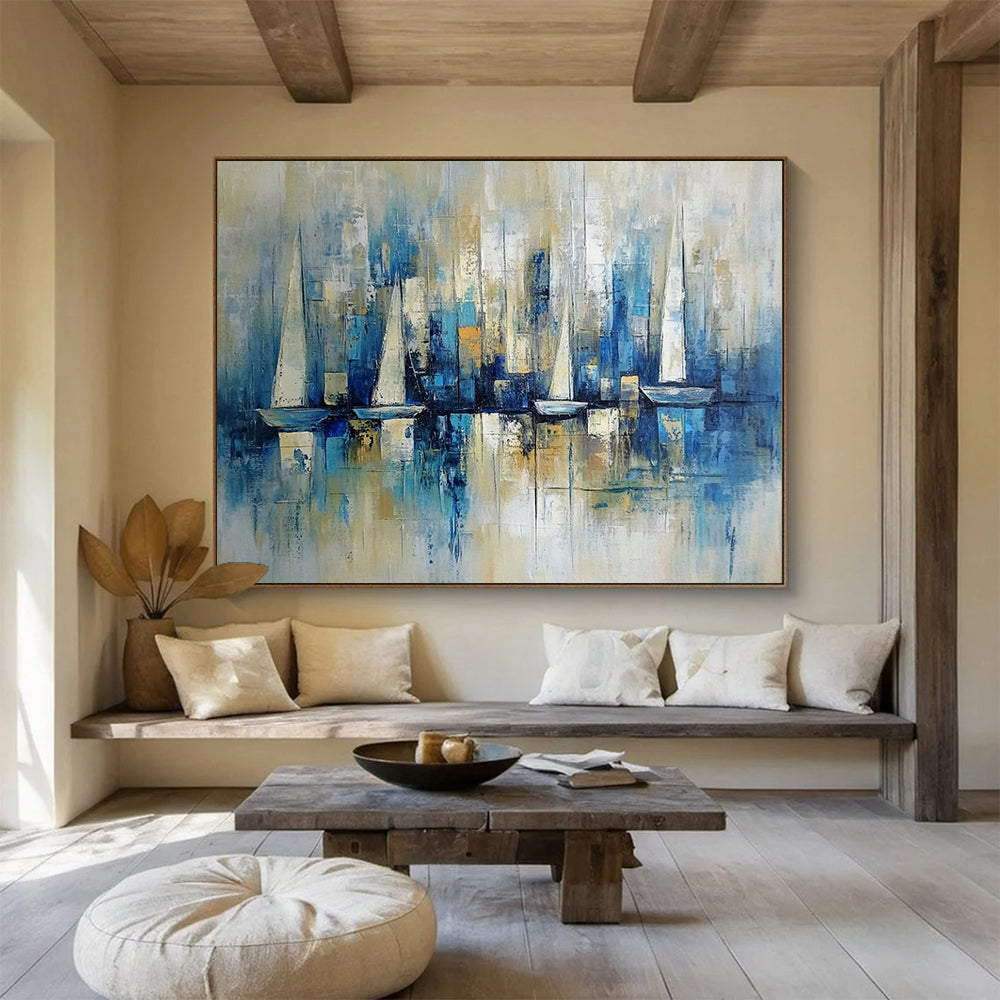 “Blue Sailboat Skyline” - Blue, Beige, White, Abstract Harbor - Impressionist Oil Painting HB1498