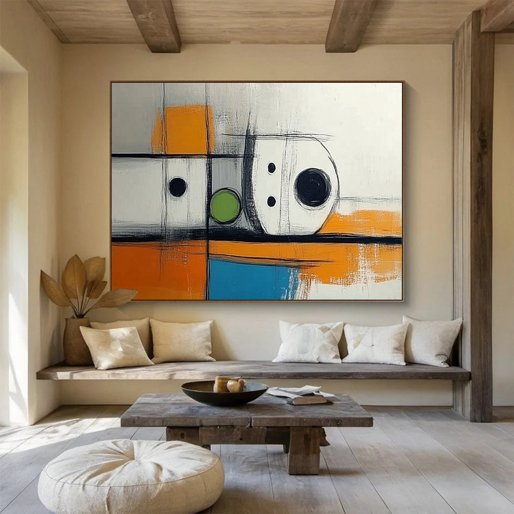 Black, White, Orange, Green and Blue Geometric Abstract "Minimalist Machinery" Painting On Canvas HB0416