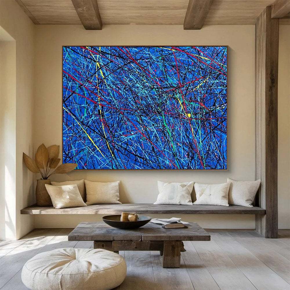 “Blue Abstract with Colorful Tangled Lines” - Blue, Red, Yellow, Green, Tangled Lines Painting On Canvas HB0829