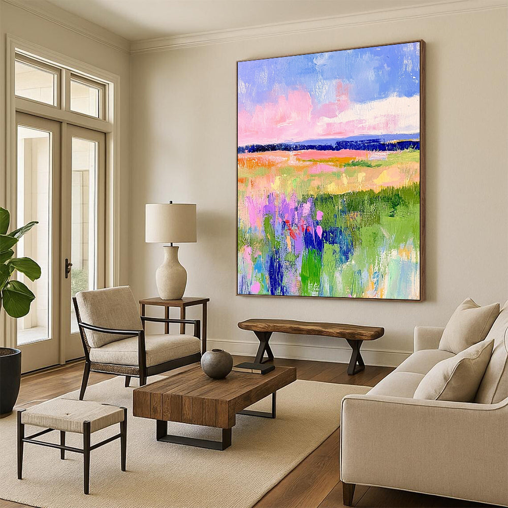 Vibrant contemporary hand-painted abstract artwork featuring pastel fields of green and pink with dreamy skies in blue and purple tones. DLZ1284