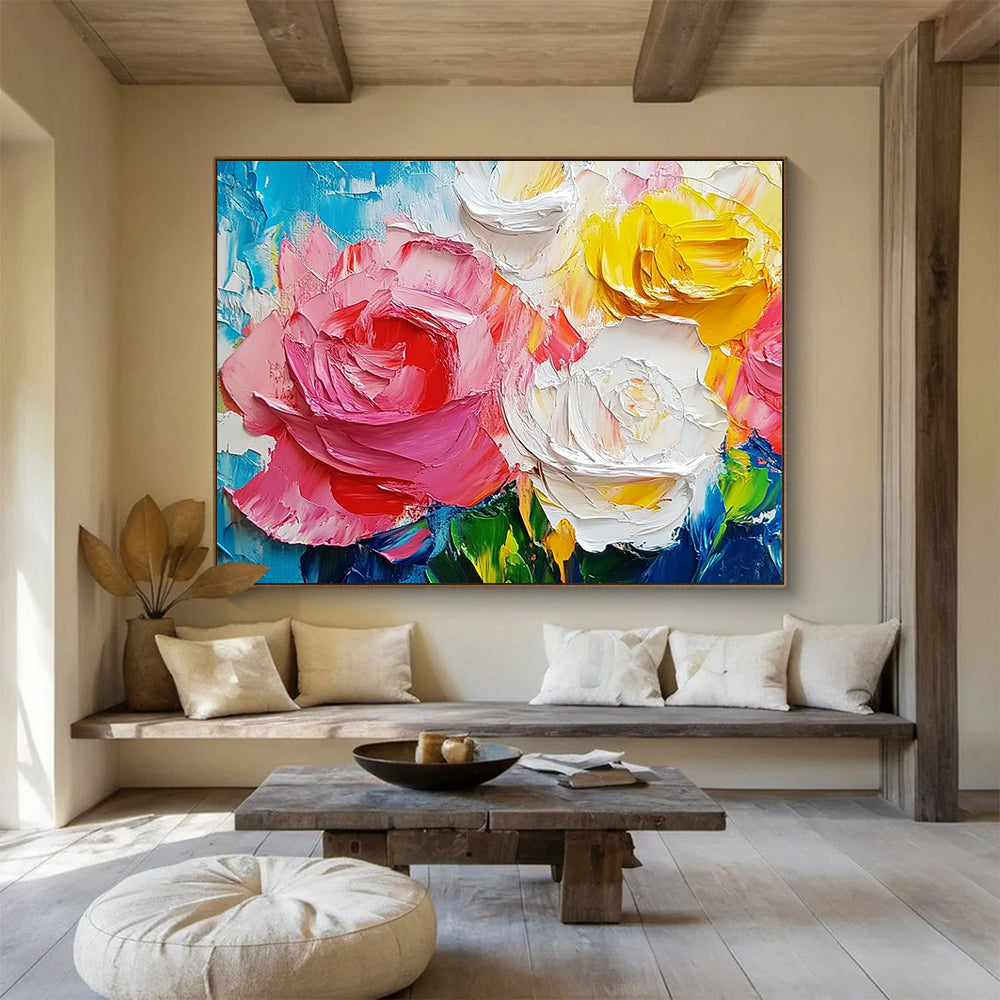 “Colorful Rose Impasto” - Pink, Yellow, White, Blue - 3D Rose Bouquet - Impasto Painting HB1302
