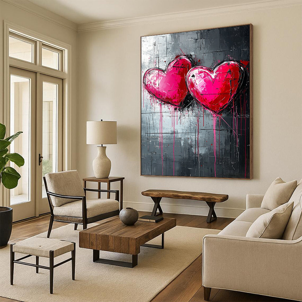 Bold contemporary abstract art featuring three pink and red hearts on a textured dark grey backdrop with dripping paint lines inspired by graffiti style. DLZ0263