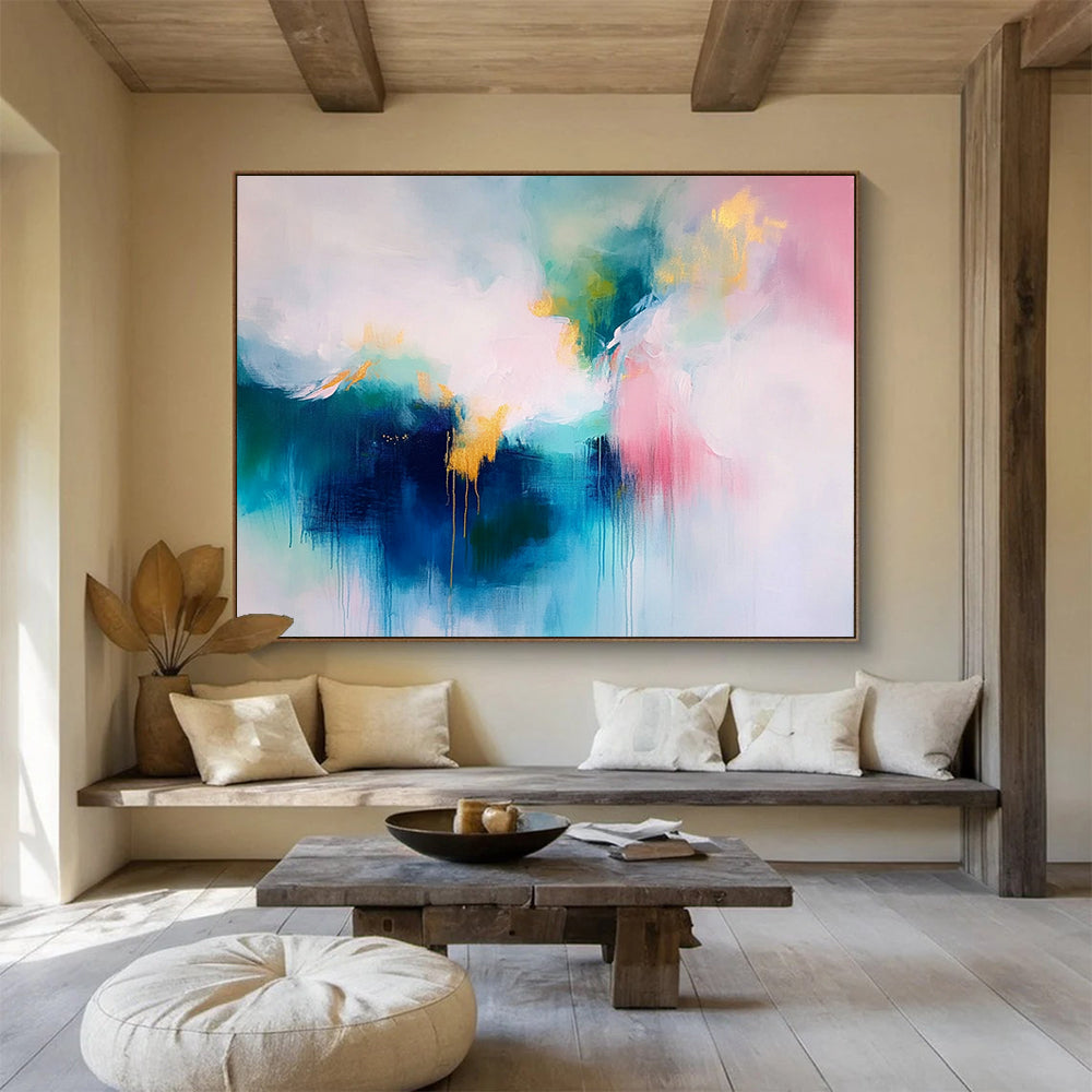 “Pink and Gold Abstract Drip” - Pink, gray, gold; Abstract drip with gold accents; Acrylic Painting On Canvas HB1280