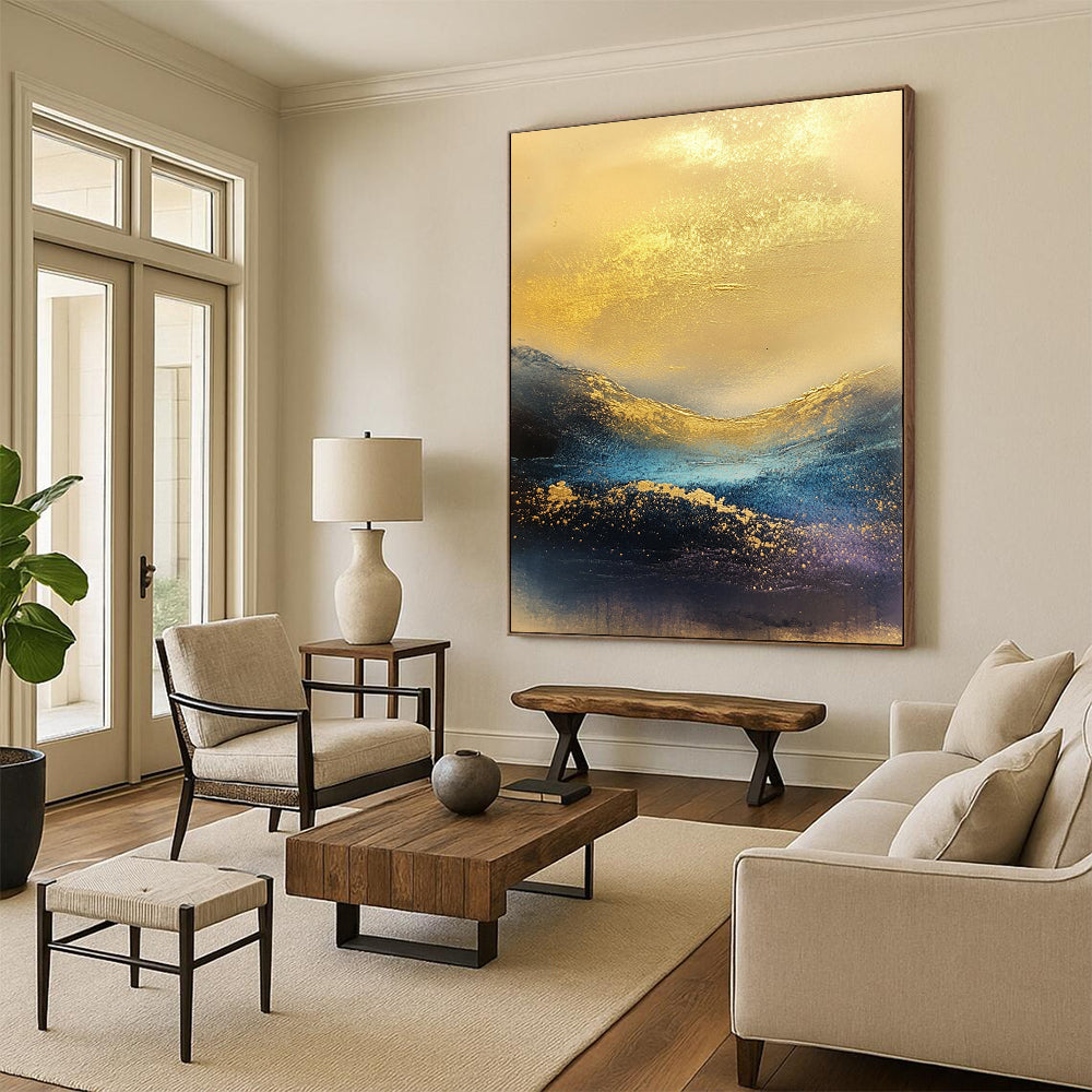 Contemporary abstract painting featuring waves of golden and blue hues, atmospheric textures, ideal for modern decor. DLZ0421
