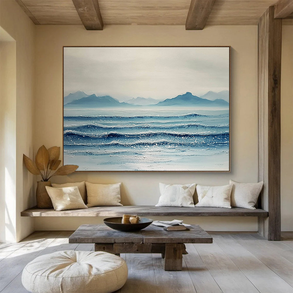 “Sparkling Sea and Distant Peaks” - Shades of Blue, White, Silver, Glittering Ocean and Mountains - Textured Oil Painting HB1612