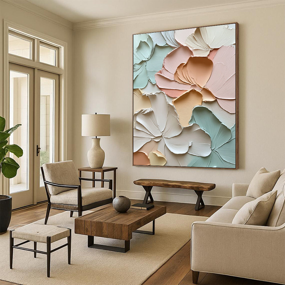 Large contemporary abstract floral artwork featuring textured petals and leaves in soft pastels exuding tranquility and depth through impasto strokes. DLZ1184