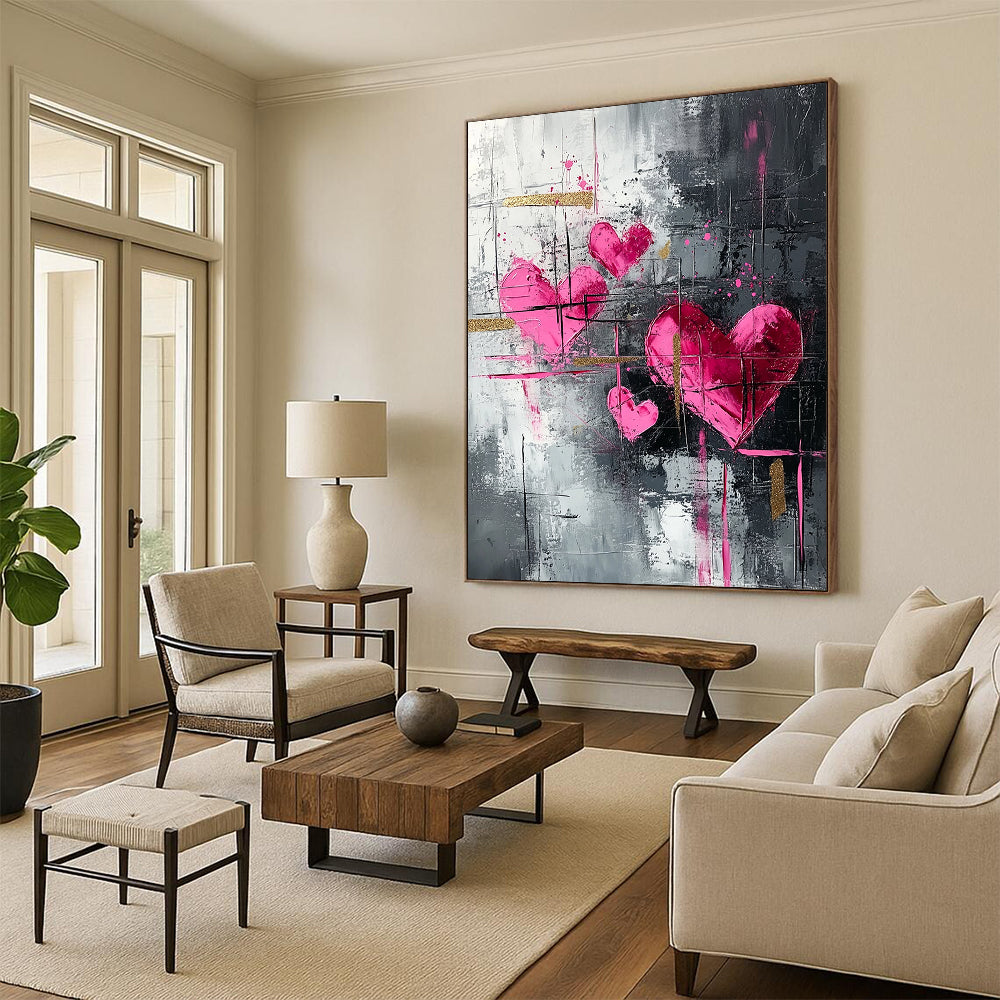 Pink Hearts, Gray Background & Gold Accents - “Elegant Romantic Fusion” Painting On Canvas HB213
