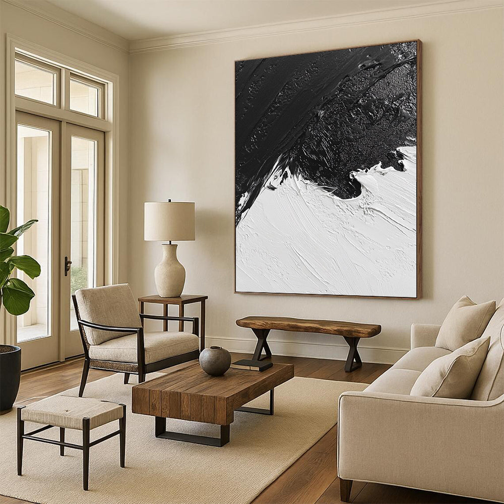 Contemporary abstract oil painting features a snowy landscape in black and white inspired by classic artistry, capturing a unique aerial perspective. DLZ0298
