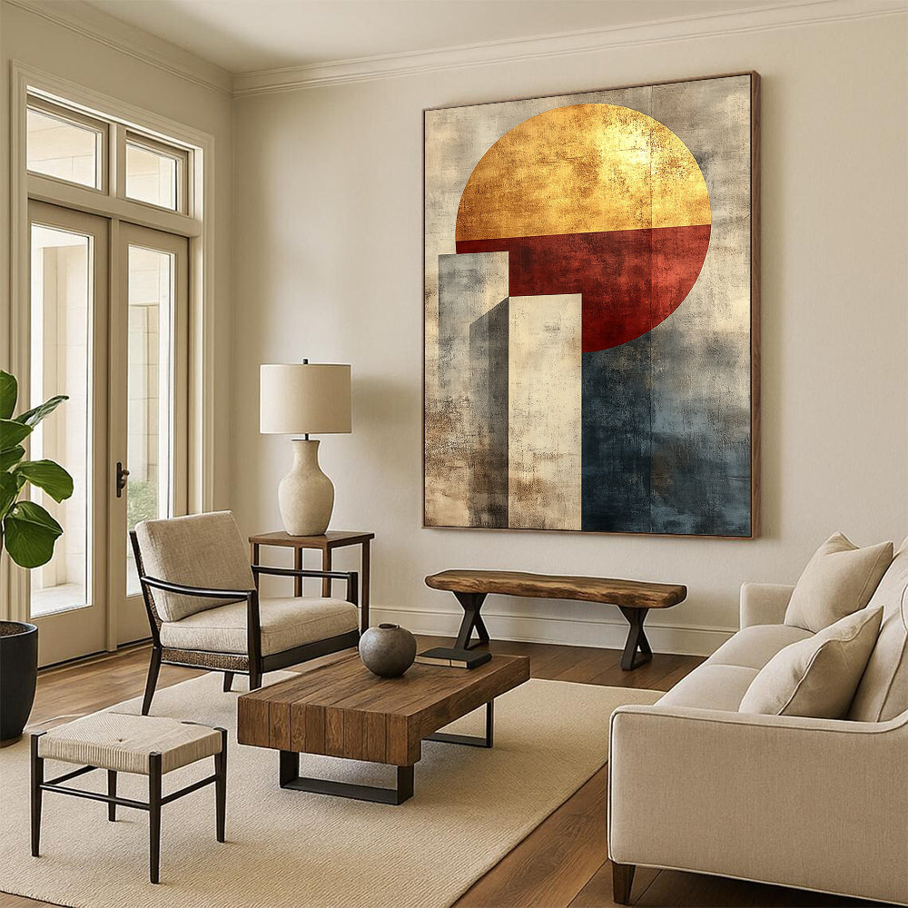 Contemporary abstract artwork featuring minimalist boho geometric shapes in muted tones with gold accents and a textured canvas finish. DLZ1343