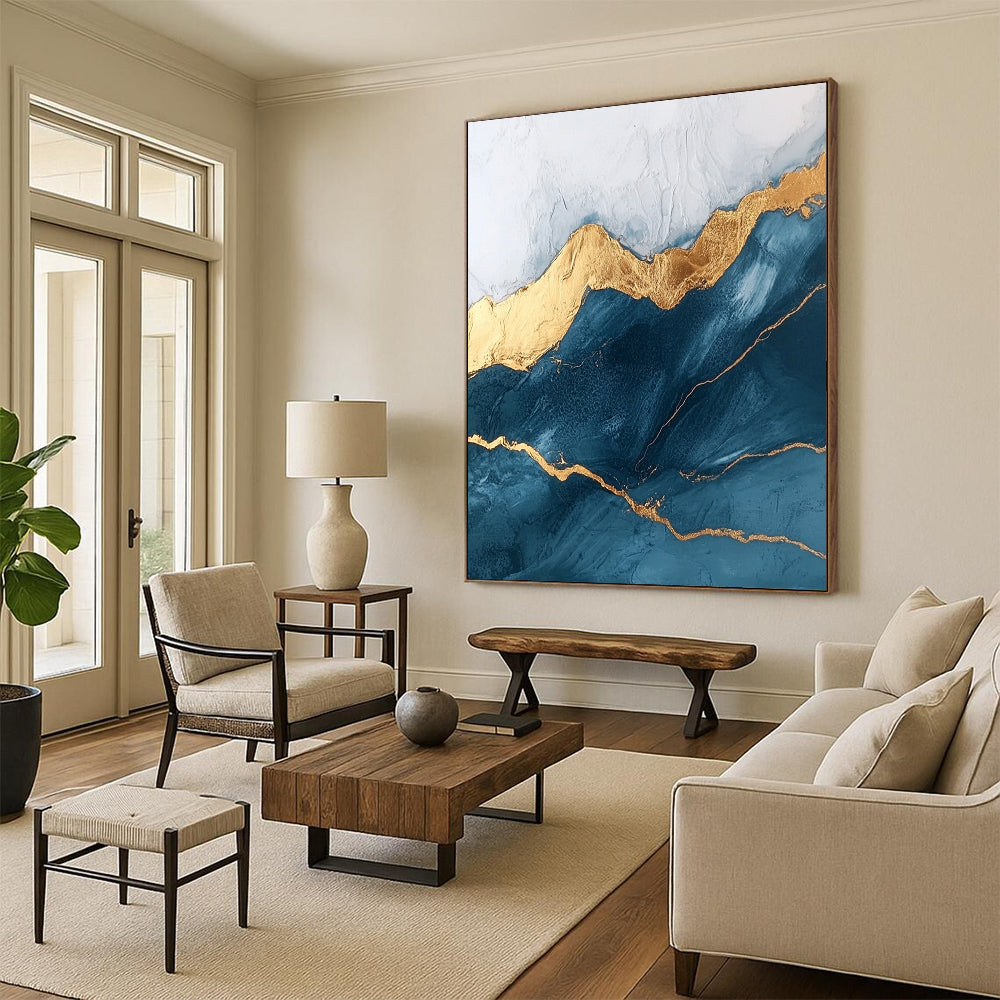 Contemporary abstract art featuring marble texture and rounded edges adorned with golden lines in a dark blue and white mountain peak theme. DLZ1591