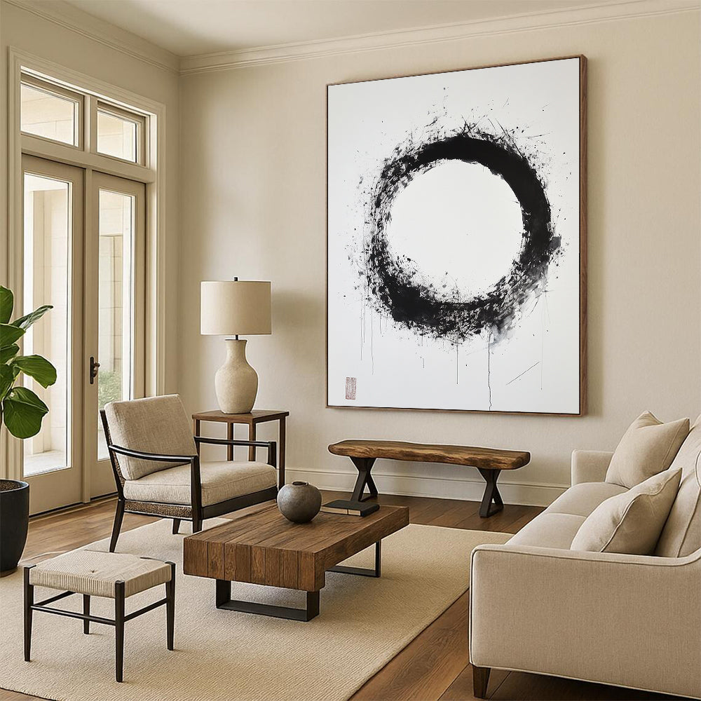 Black & Gray Splattered Circular Ink - “Subtle Enso Depth” Painting On Canvas HB248