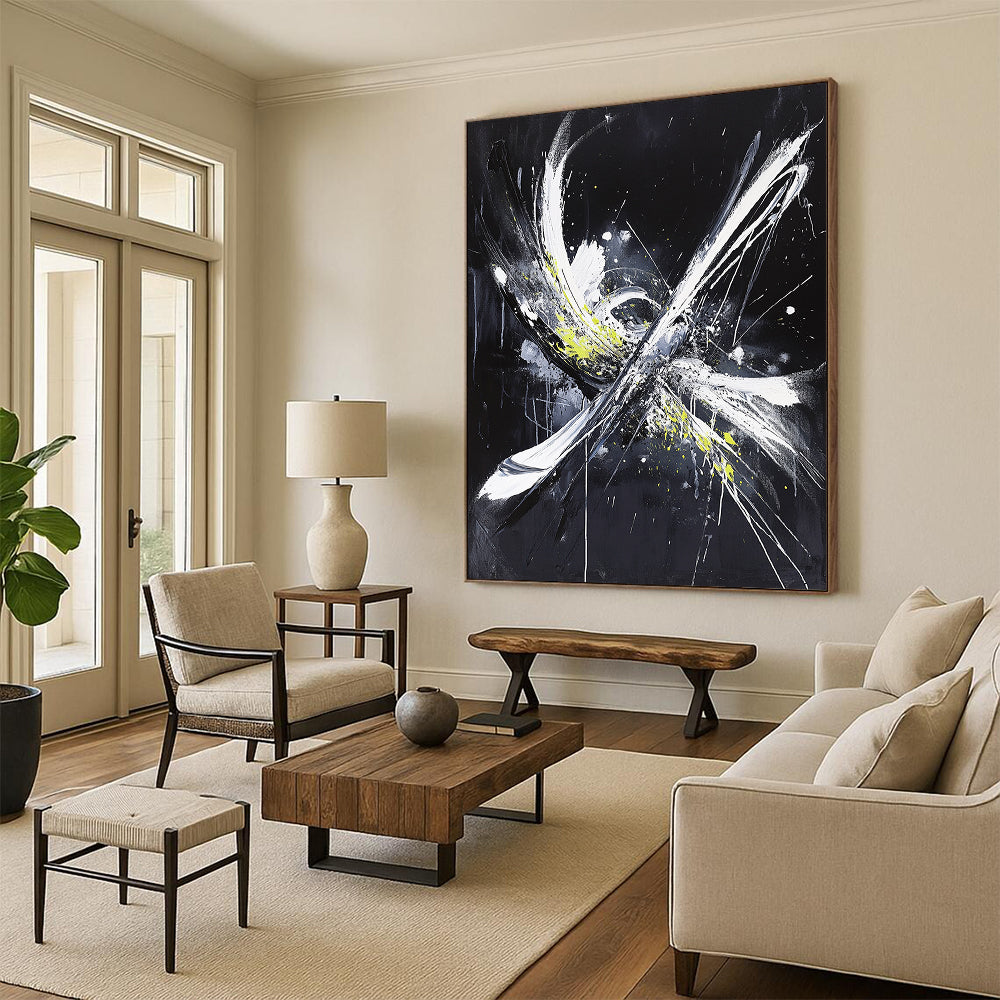 Black, White, Gray, Yellow, Explosive Strokes "Energetic Burst" Abstract Expressionist Painting On Canvas HB067