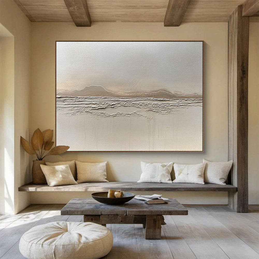 “Textured Beige Landscape Relief” - Beige, Textured Mountain & Sea Painting On Canvas HB0790