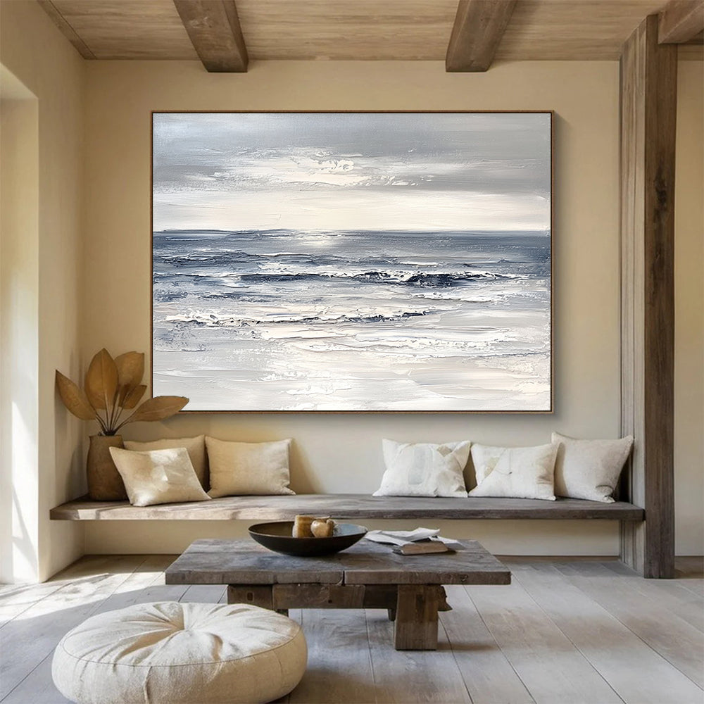 “Gray and White Seascape” - Gray, White, Textured Ocean Painting On Canvas HB1011