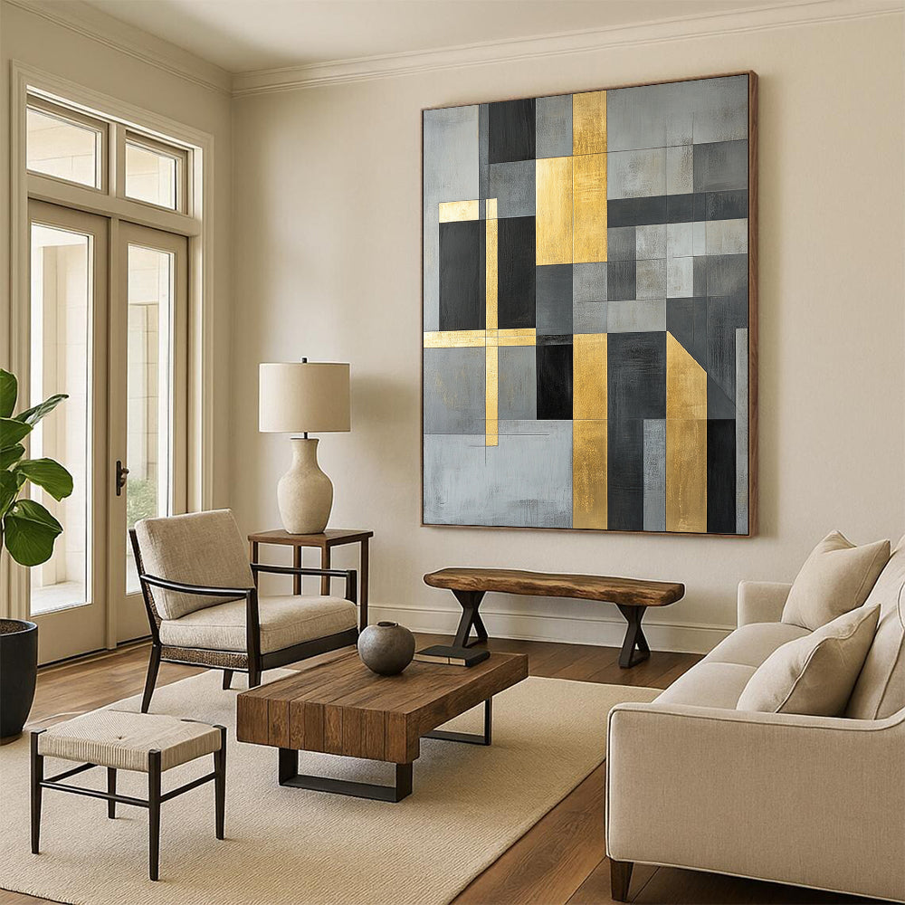 Gray, Black, Gold and White Geometric Composition "Timeless Structure" Painting On Canvas HB354