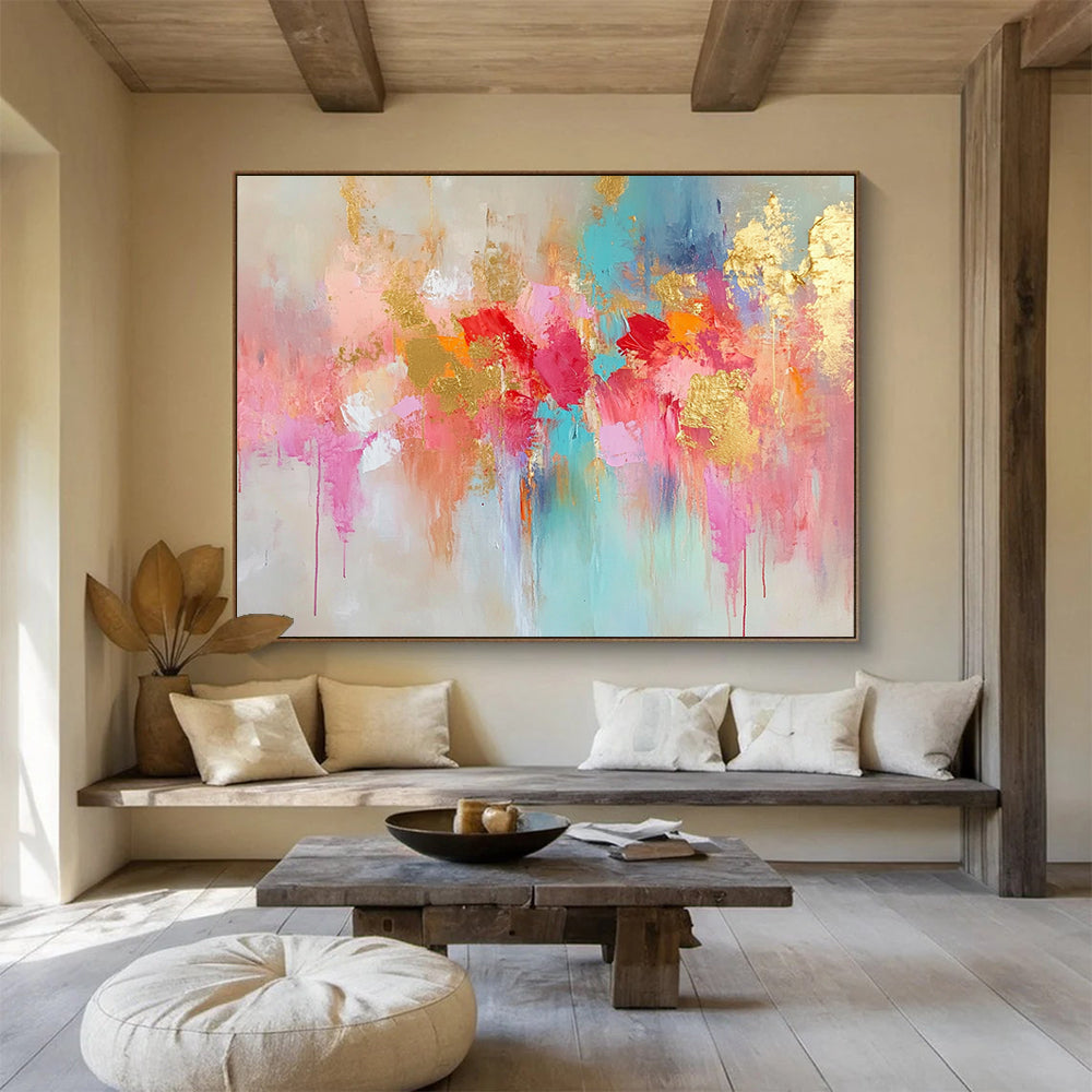 “Pink Gold Blue Abstract Drips” - Pink, gold, blue, beige; Abstract drips with gold highlights HB1290