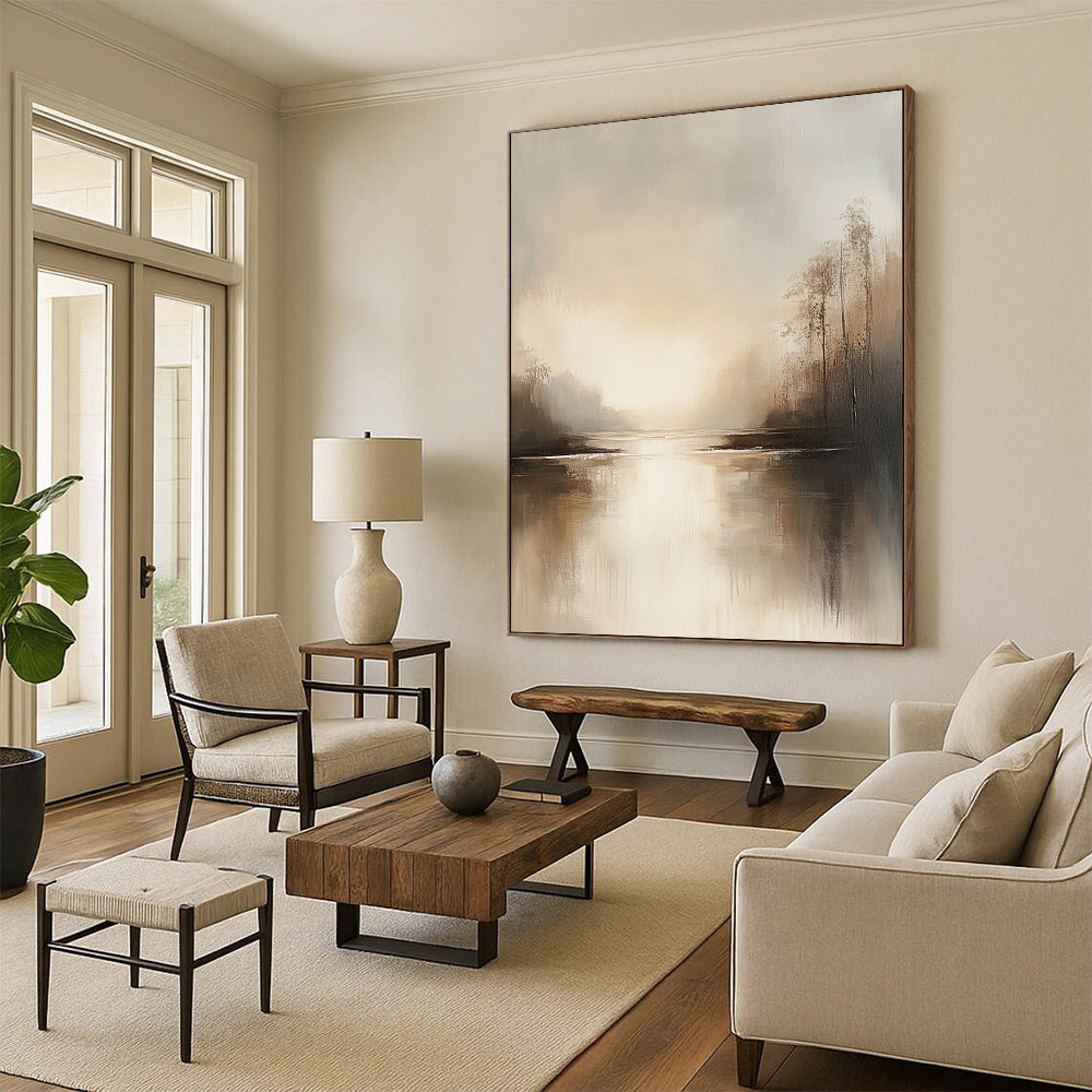 Abstract landscape artwork featuring neutral beige and gray tones tranquil water reflections and a serene muted sky evoking an ethereal calmness. DLZ0414