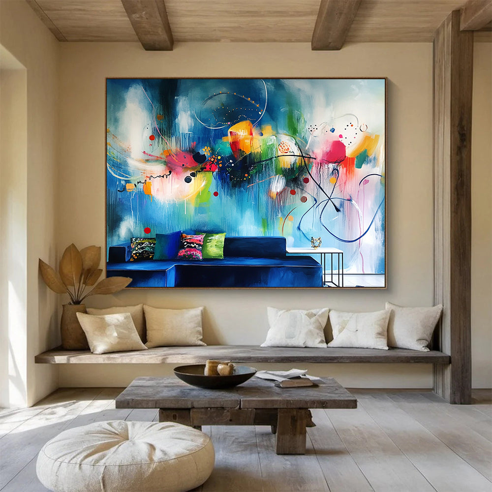 “Vibrant Abstract Wall Mural - Inspired Living Room Art” - Blue, Colorful, Abstract Large - scale Painting On Canvas HB1091