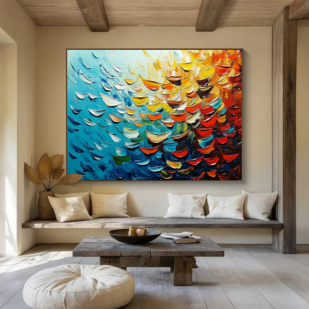 “Textured Ocean Petals” - Blue, yellow, orange, red; Petal - like thick strokes mimic ocean waves; Abstract Impasto Oil Painting On Canvas HB1168