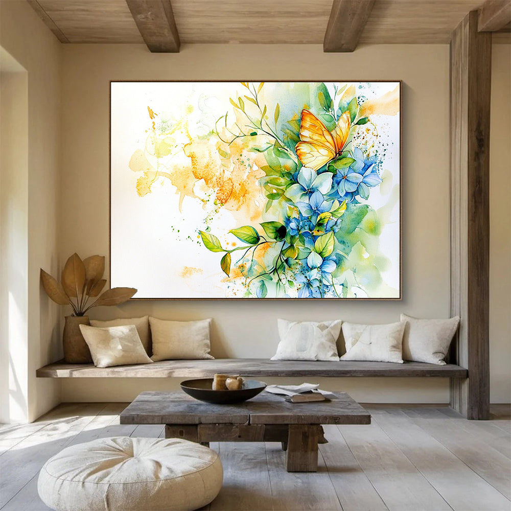 “Vibrant Butterfly & Blooms” - Blue, Yellow, Butterfly, Flowers Painting On Canvas HB0761