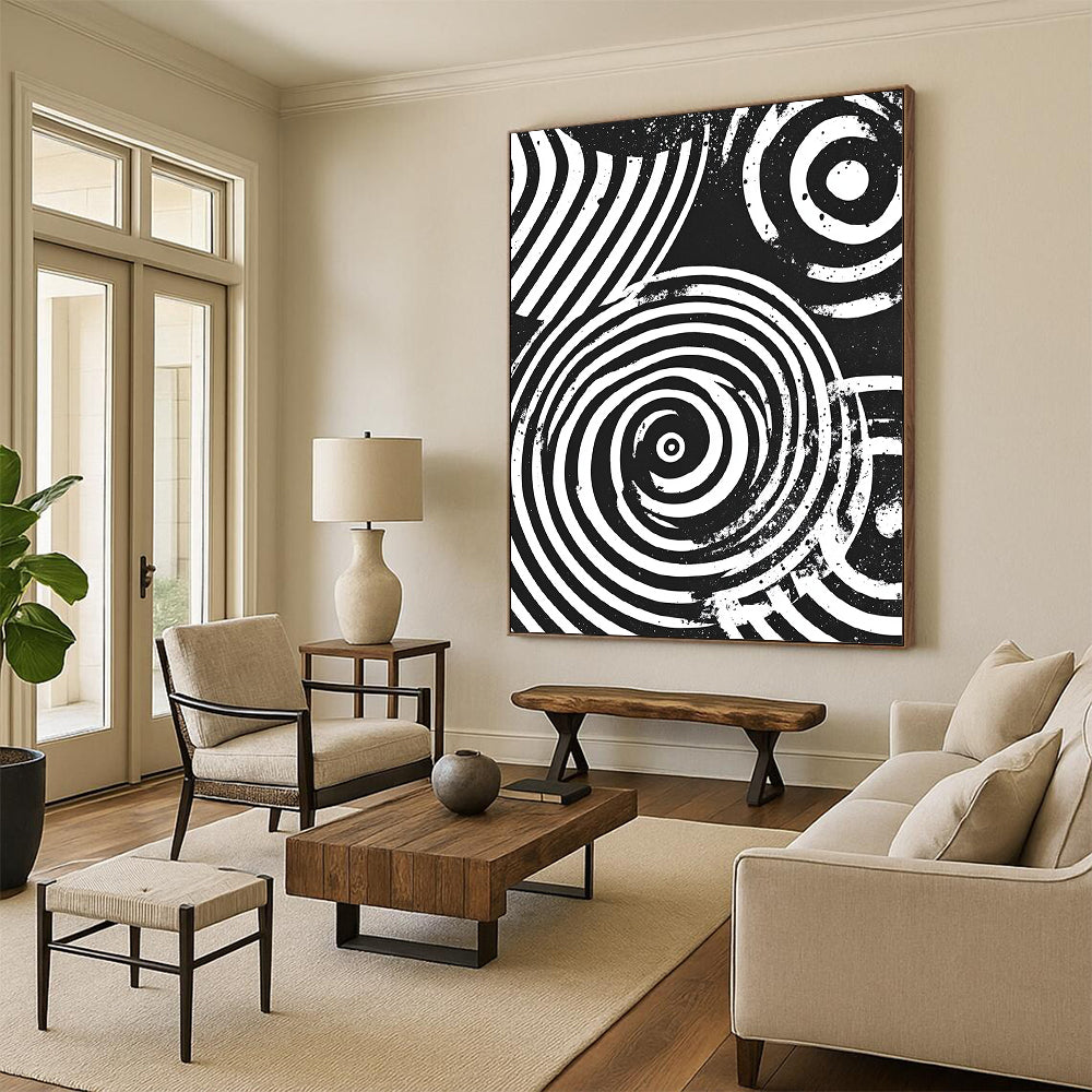 Black and White Concentric Circles "Perceptual Spin" Painting On Canvas HB284