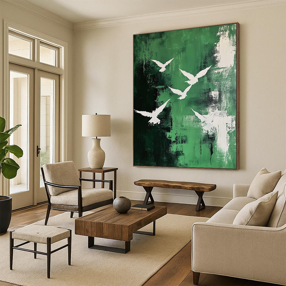 Contemporary abstract painting featuring white birds in an emerald sky with dynamic brushstrokes and textured expressions on canvas. DLZ0669