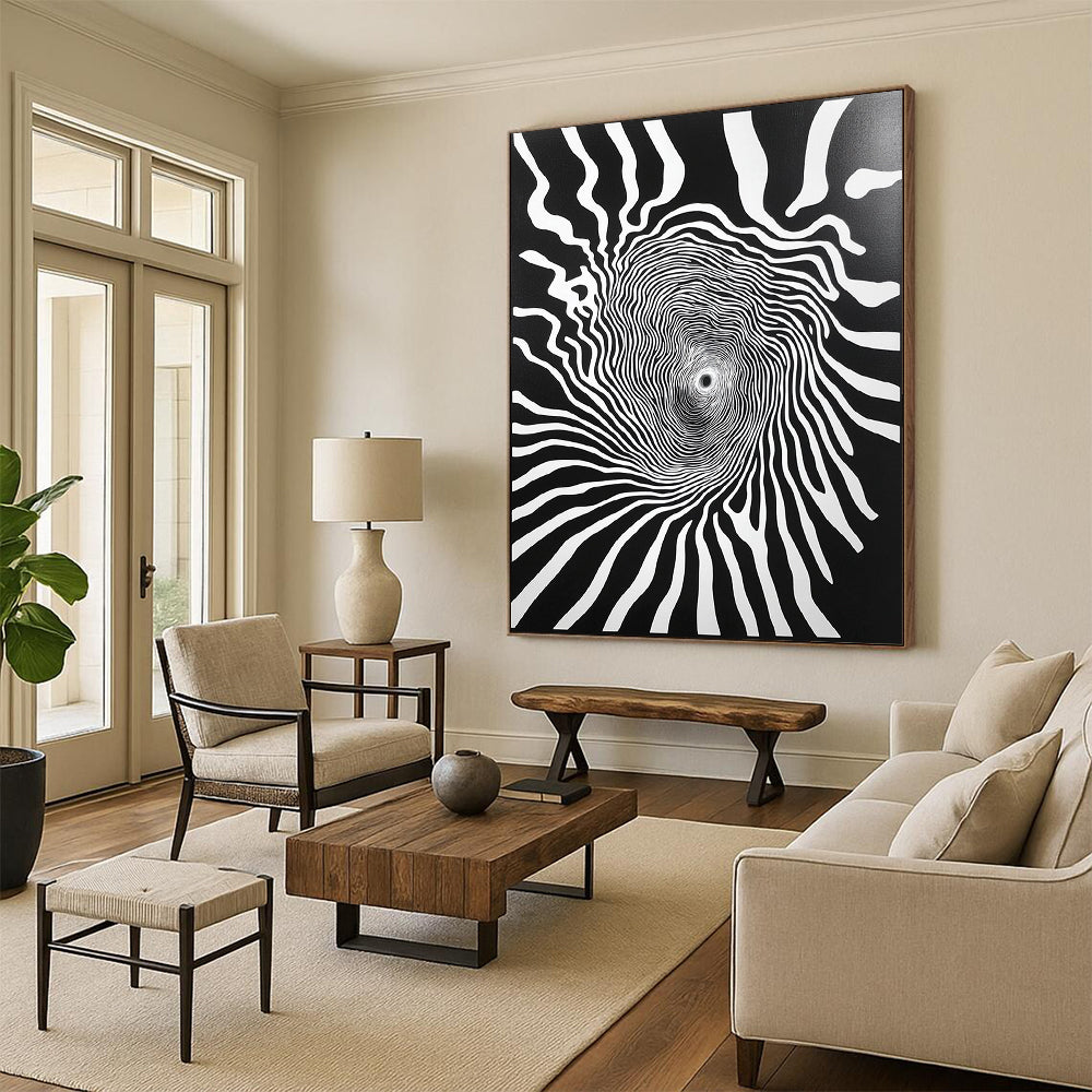 Black and White Spiral Lines "Infinite Spin" Painting On Canvas HB269