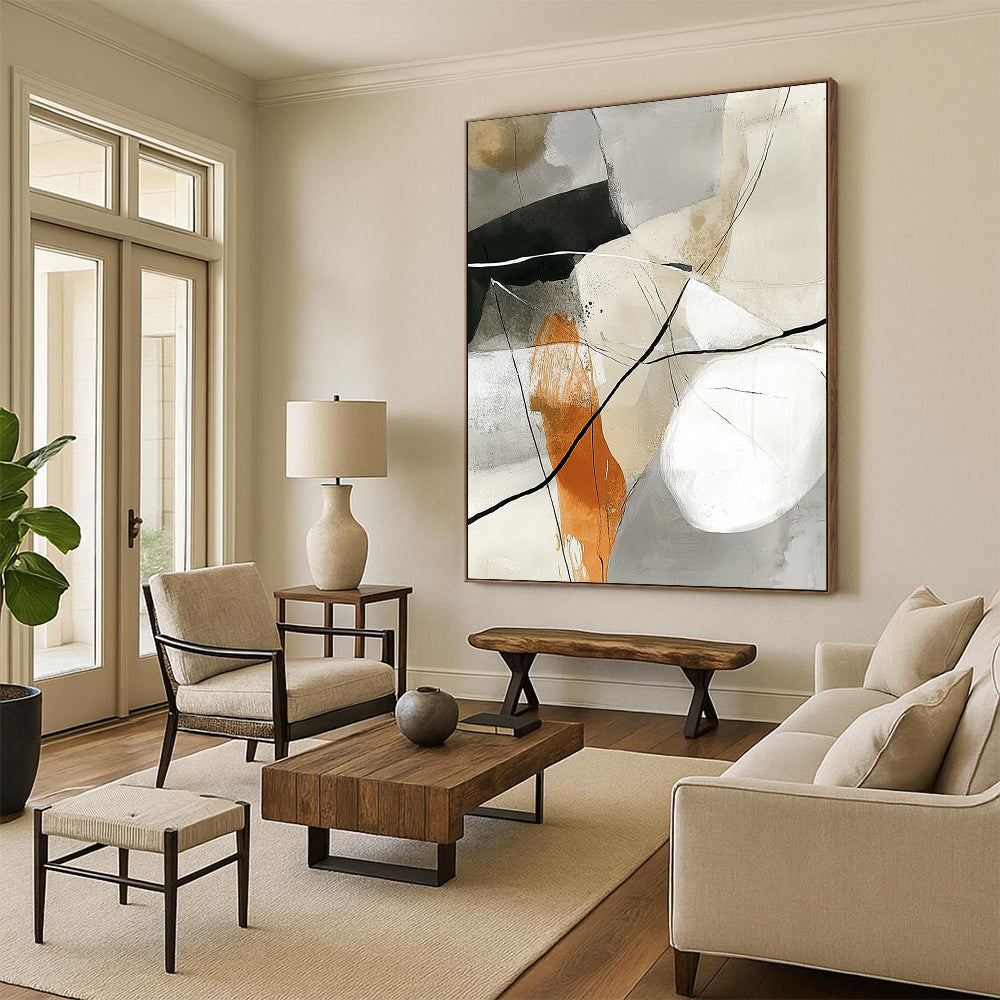 Large contemporary hand-painted abstract artwork featuring white lines and black ink on a grey background with neutral tones of beige olive green rust orange and warm gray-brown. DLZ0265