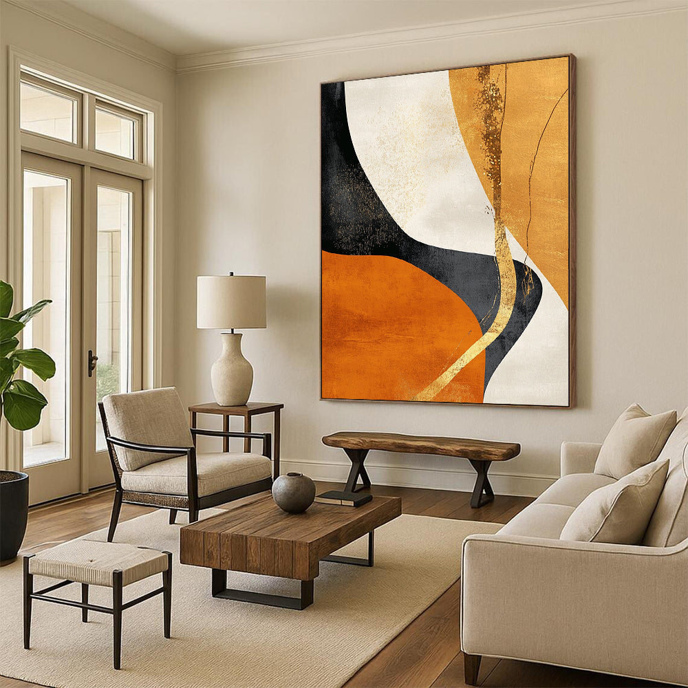 Contemporary hand-painted abstract art featuring gold and black shapes on an orange background with flowing lines and natural organic curves. DLZ0387