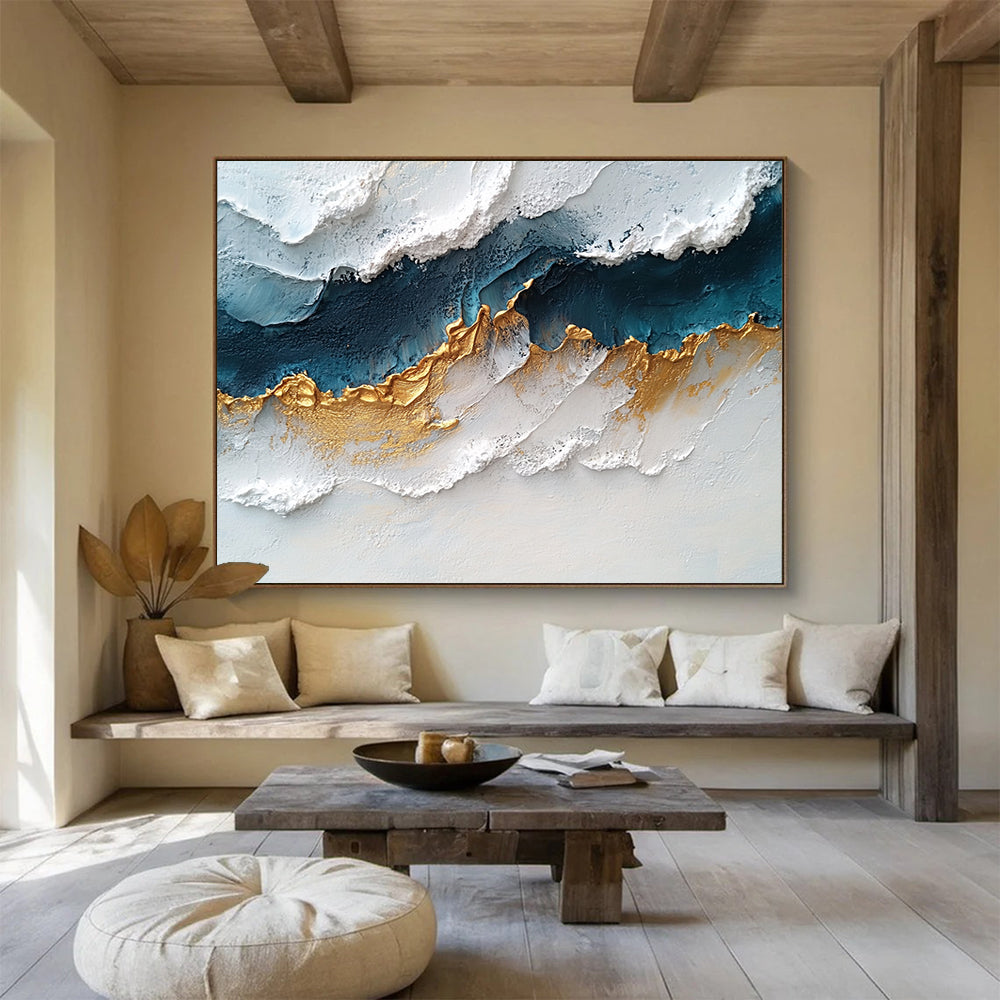“Elegant Gold - Blue Textures” - White, Blue, Gold, Textured Abstract Painting On Canvas HB0731