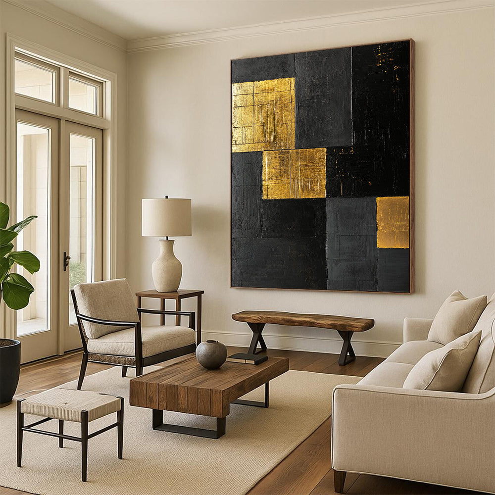 Black, Gold, Patchwork Squares "Gilded Night" Abstract Modernist Painting On Canvas HB155