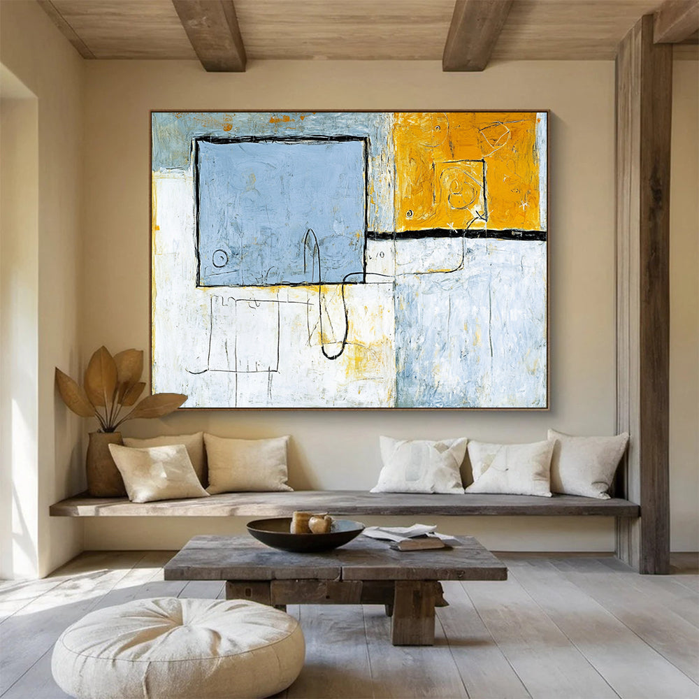 “Geometric Neutral Tones” - Blue, Yellow, Gray, Abstract Shapes - Modernist Acrylic Painting HB1510