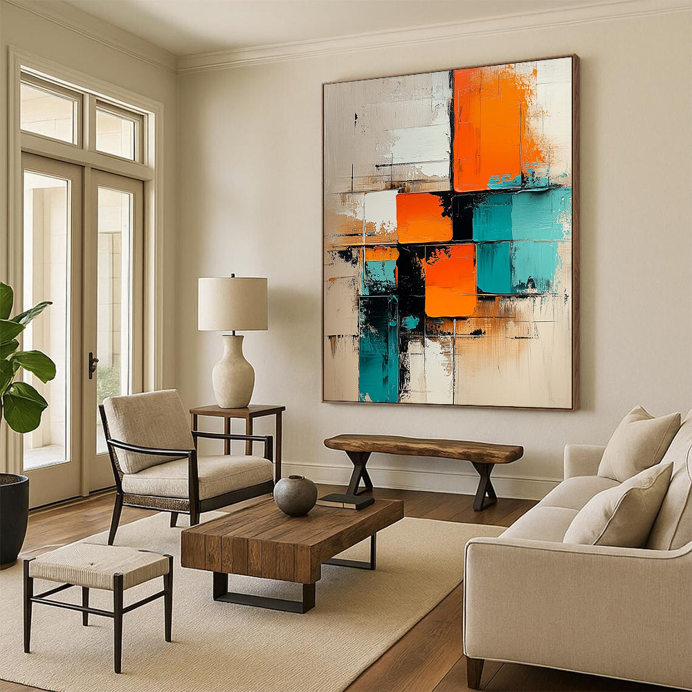 Contemporary abstract painting featuring geometric shapes in turquoise and orange on a beige background with oil paint texture on a vertical canvas. DLZ0722