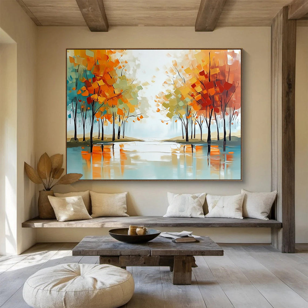 Abstract Autumn Trees Reflecting in Water - Modern Landscape Painting On Canvas HB0455