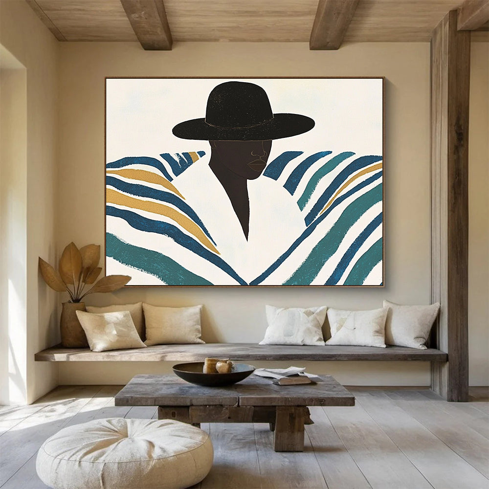 “Stylish Striped Silhouette” - Blacks, Whites, Blues, Golds, Fashion Figure - Flat - Style Illustration HB1560
