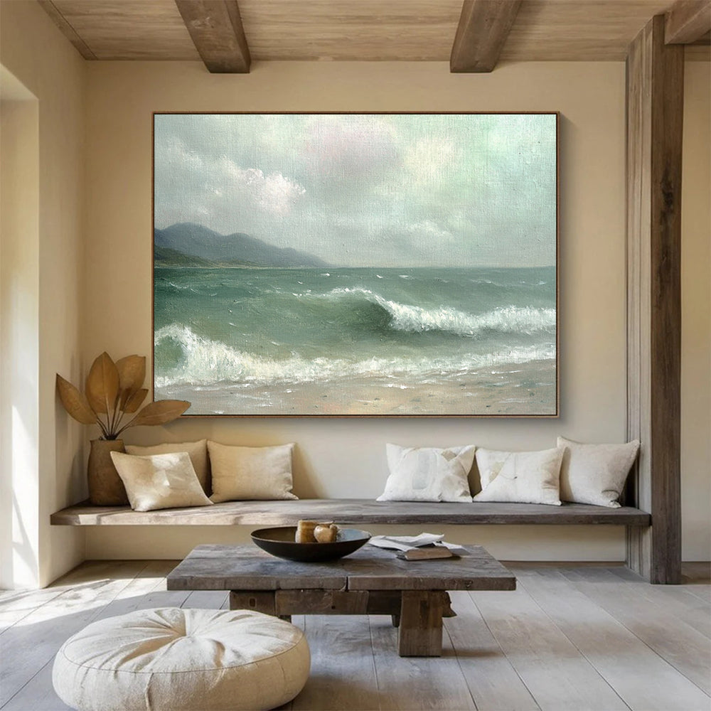 “Misty Sea Beach” - Green, Gray, Sea, Beach, Mountains Painting On Canvas HB0755