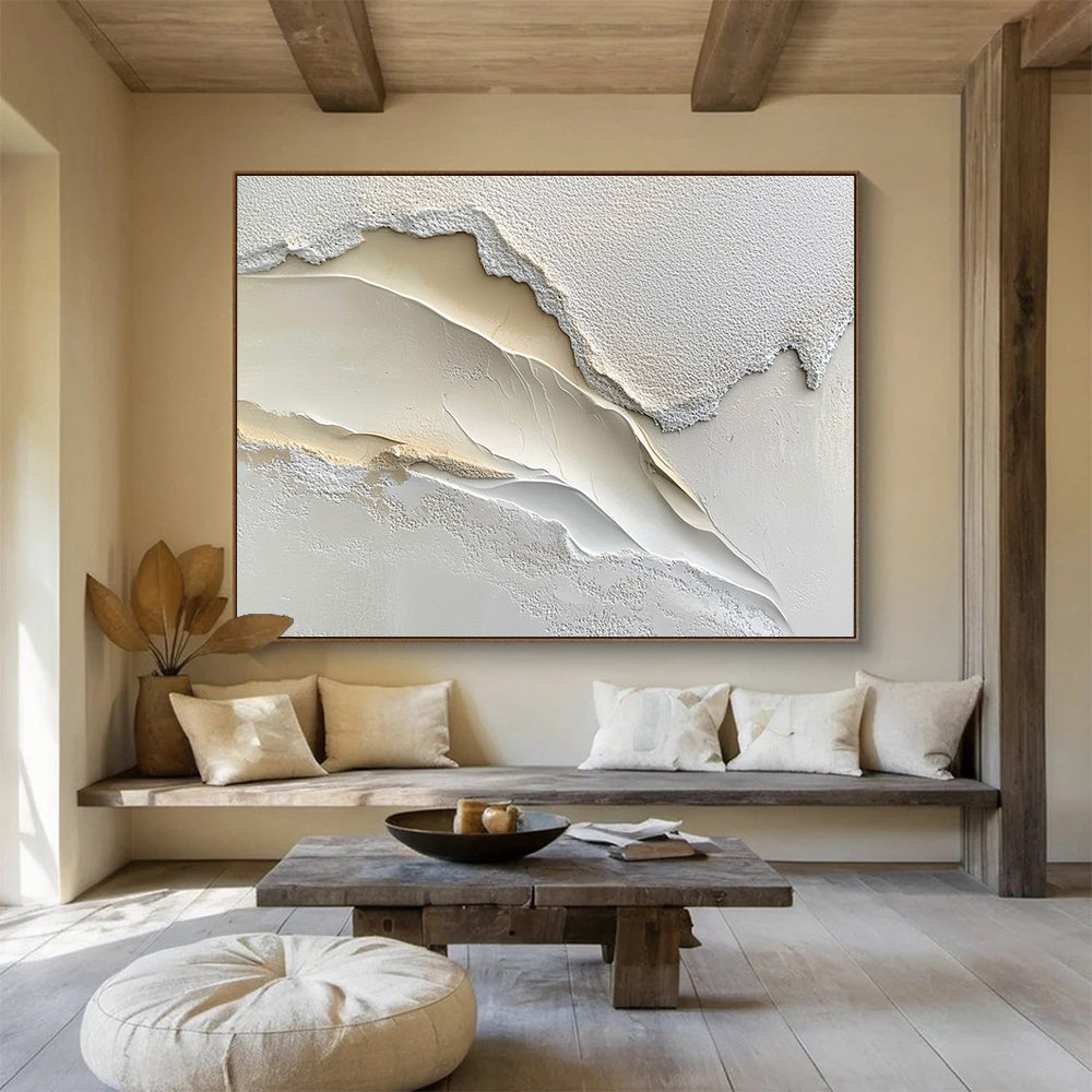 “3D White - Beige Textured Landscape” - Abstract Sculptural Painting HB0528