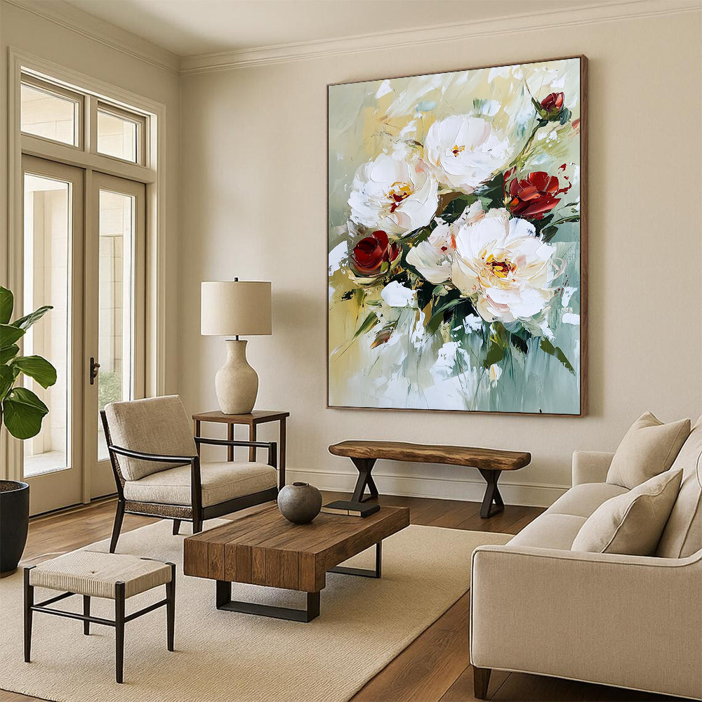 Contemporary abstract painting featuring textured white peonies and red roses with vibrant brush strokes and a soft, natural background. DLZ0673
