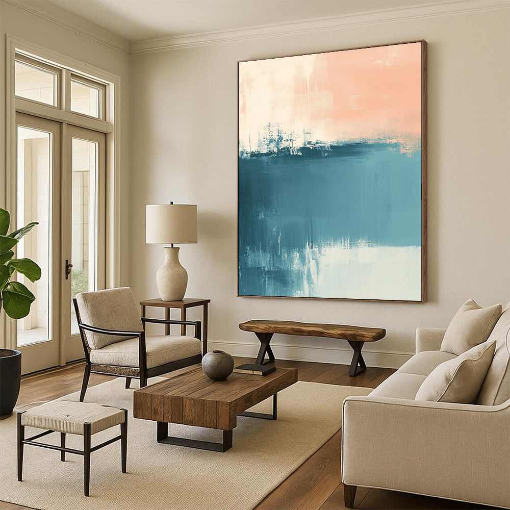 Contemporary hand-painted abstract art featuring muted blue and peach tones with soft brush strokes and a calming sea-inspired atmosphere. DLZ0554