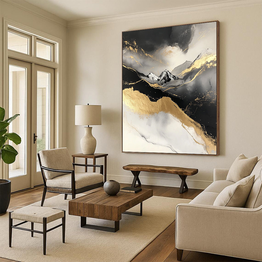 Contemporary abstract painting featuring a snowy mountain design with black and gold marble texture and grey accents on a white background. DLZ0272
